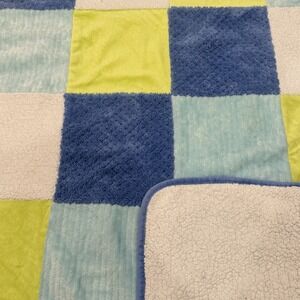 Parent's Choice Baby Blanket Blue Green Patchwork Sherpa Plush 30x39